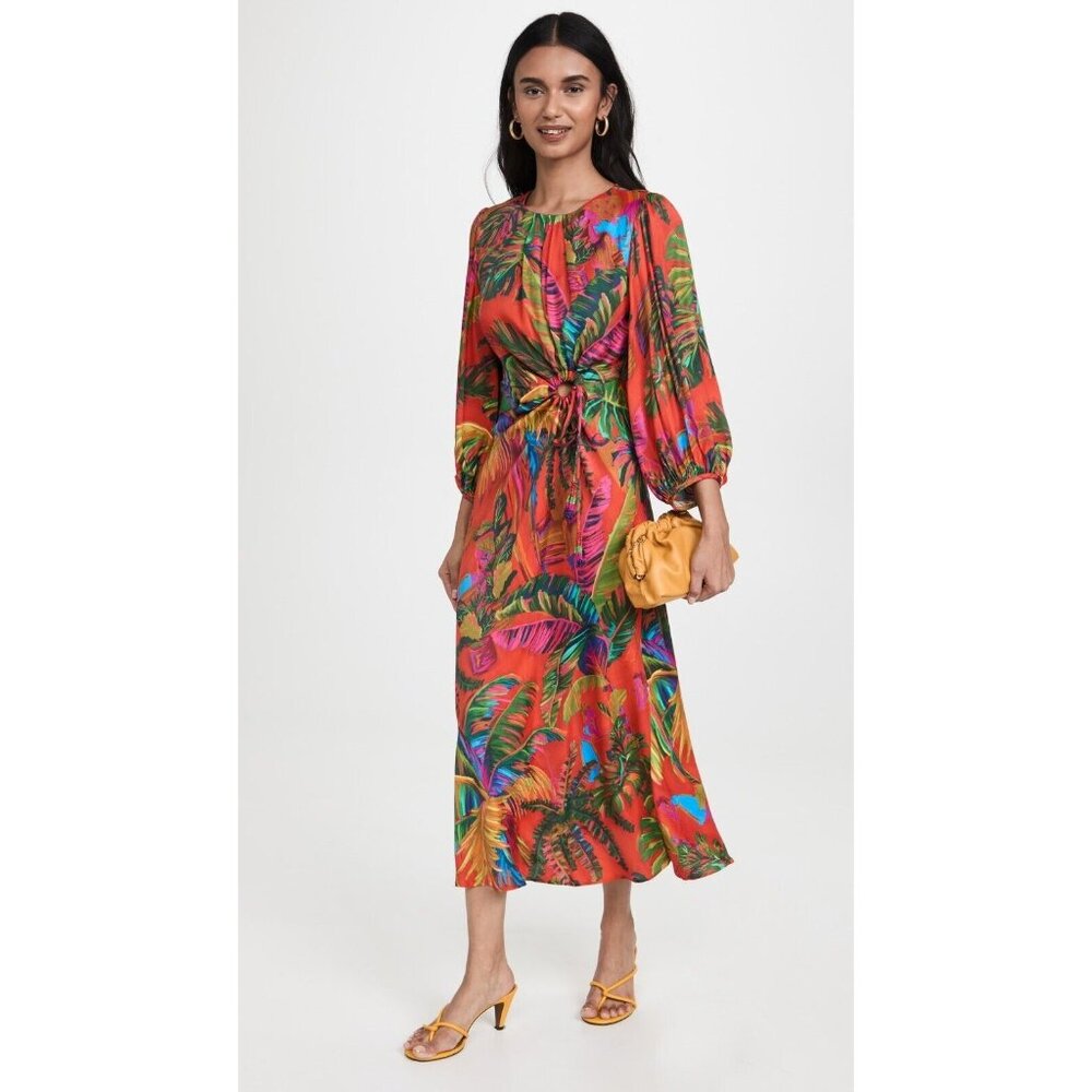 Farm Rio Orange Tropical Floral Side Cut-Out Midi Dress